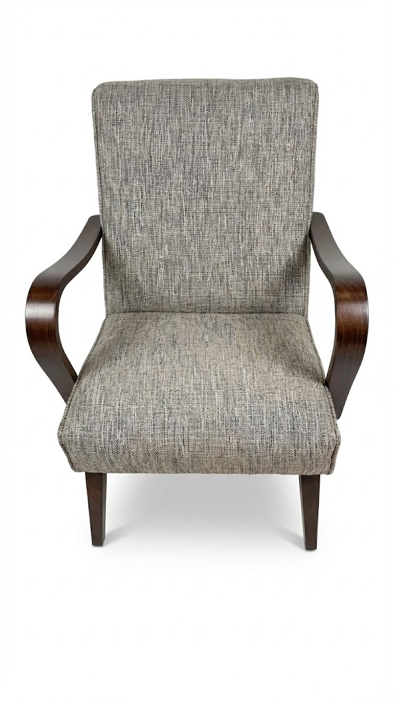 Mid Century Accent Armchair Curved Walnut Wood Arms Grey Tweed Fabric Ex-Display - Image 7