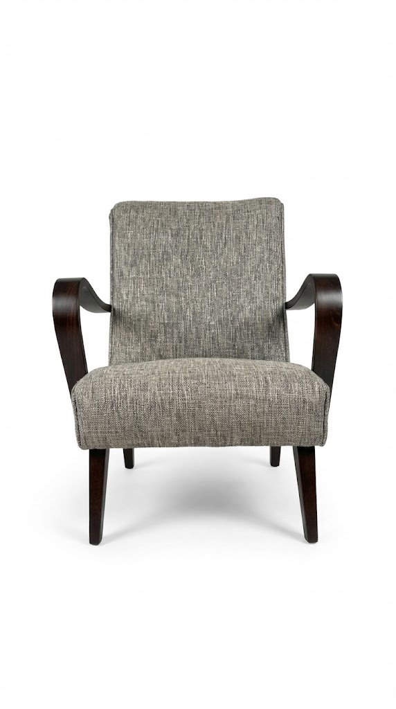 Mid Century Accent Armchair Curved Walnut Wood Arms Grey Tweed Fabric Ex-Display - Image 5