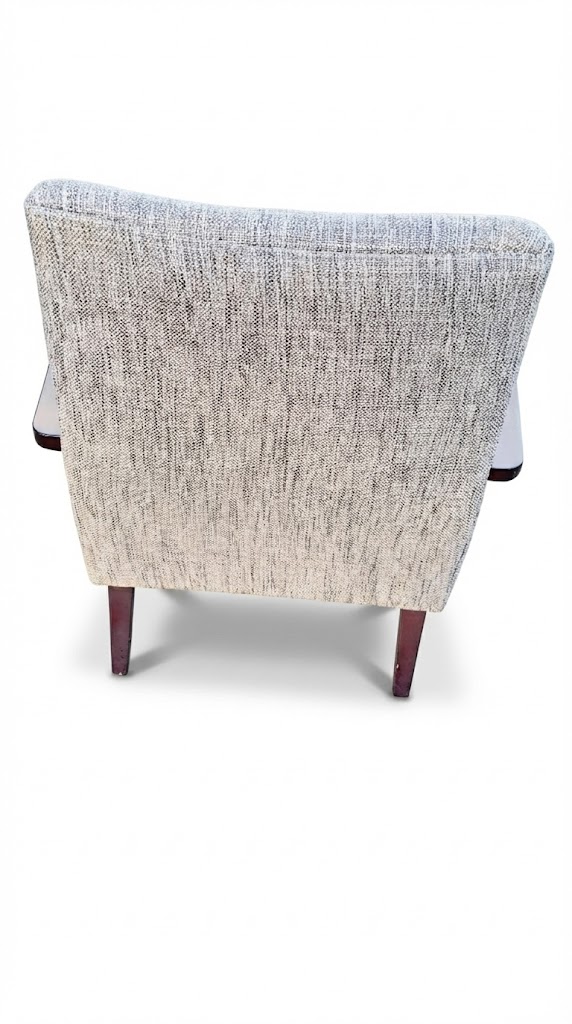 Mid Century Accent Armchair Curved Walnut Wood Arms Grey Tweed Fabric Ex-Display - Image 6