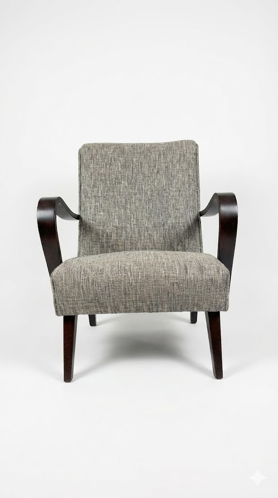 Mid Century Accent Armchair Curved Walnut Wood Arms Grey Tweed Fabric Ex-Display - Image 4