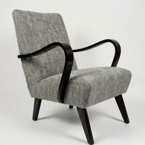 Mid Century Accent Armchair Curved Walnut Wood Arms Grey Tweed Fabric Ex-Display