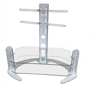 Silver Cantilever TV Stand with Mount Bracket Glass Shelves Cable Management